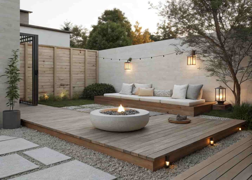 Low wooden platform seating with cream cushions around a modern fire pit on a gravel patio with floor lanterns.