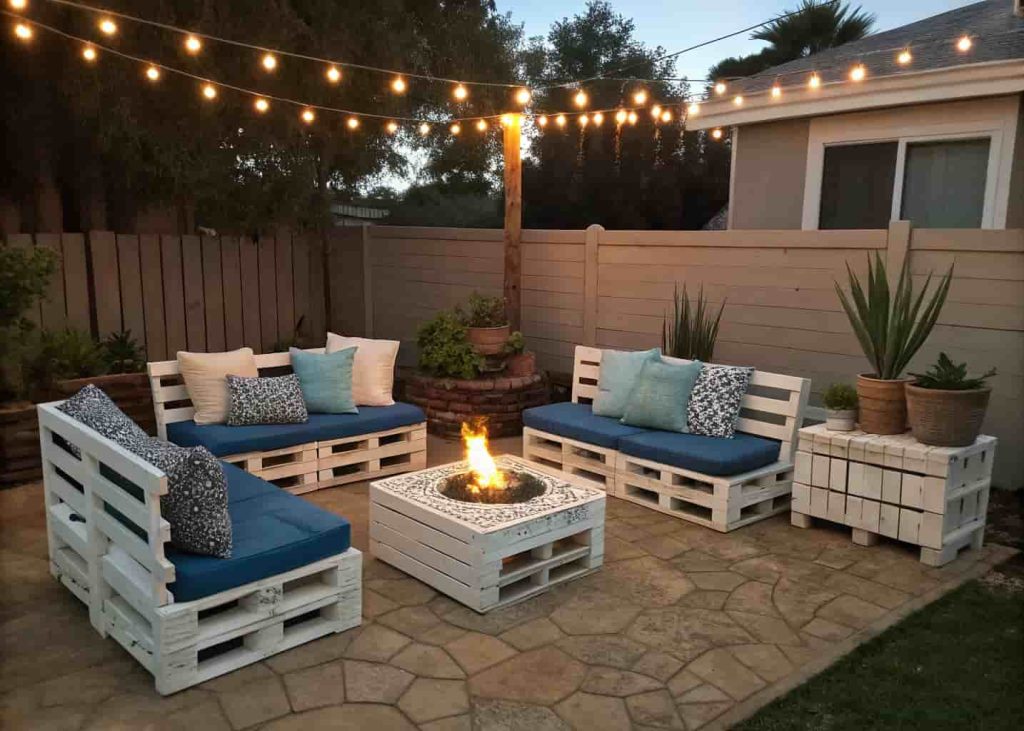 DIY white painted pallet sofa and chairs with blue cushions around a backyard fire pit with fairy lights and succulents.