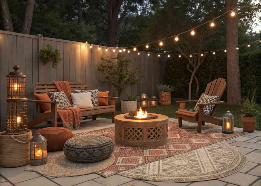 Mixed eclectic fire pit seating with wooden bench, Adirondack chairs, and Moroccan poufs in warm earthy tones on a backyard patio.