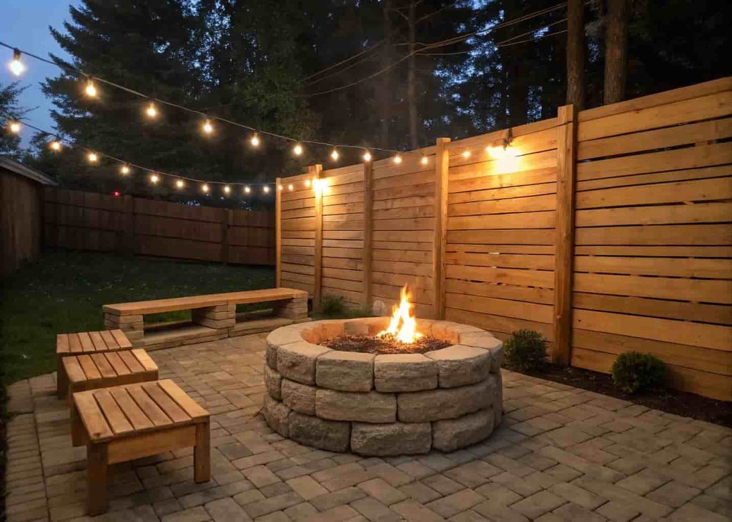 A DIY corner firepit with wooden benches and string lights tucked into a small backyard corner.