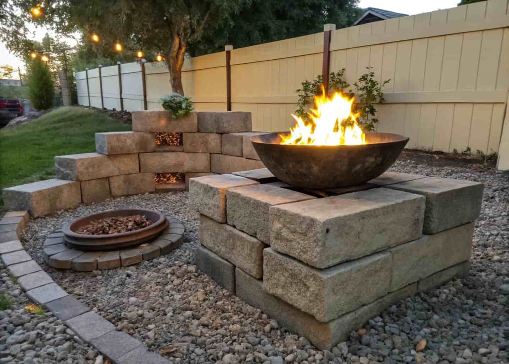 A raised concrete block DIY firepit with a metal fire bowl, set on a gravel backyard patio.