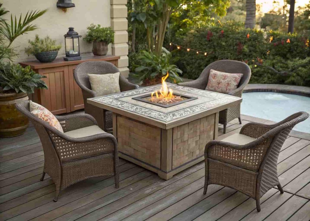 A DIY firepit table on a small deck surrounded by wicker outdoor chairs.