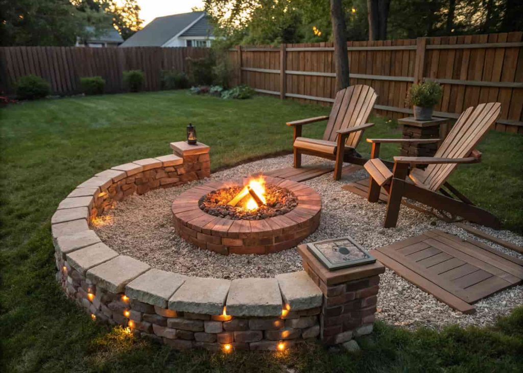 A classic circular brick ring firepit with low chairs in a small lawn backyard.