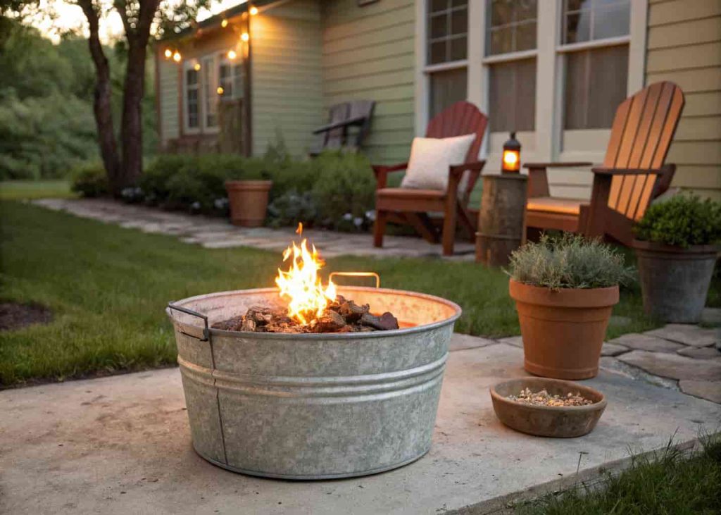A portable DIY galvanized metal fire bowl on a small backyard concrete patio.