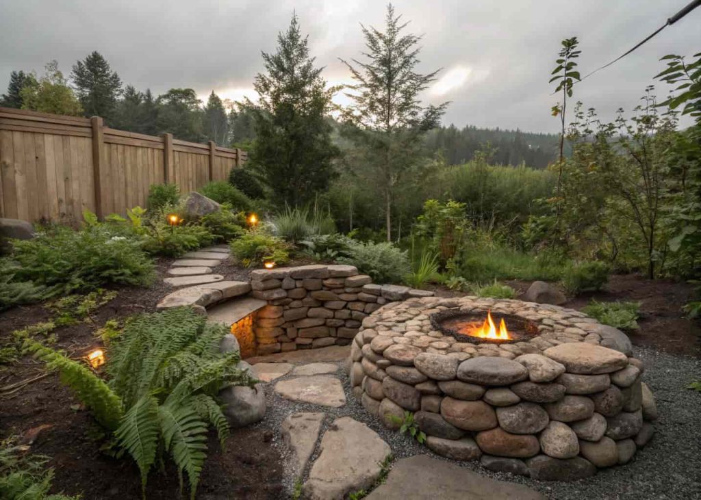A rustic natural river rock DIY firepit surrounded by ferns and native plants in a small backyard.