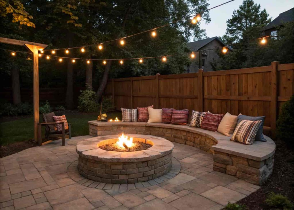 A DIY firepit with a circular stone seating wall and cushions in a small backyard at night.