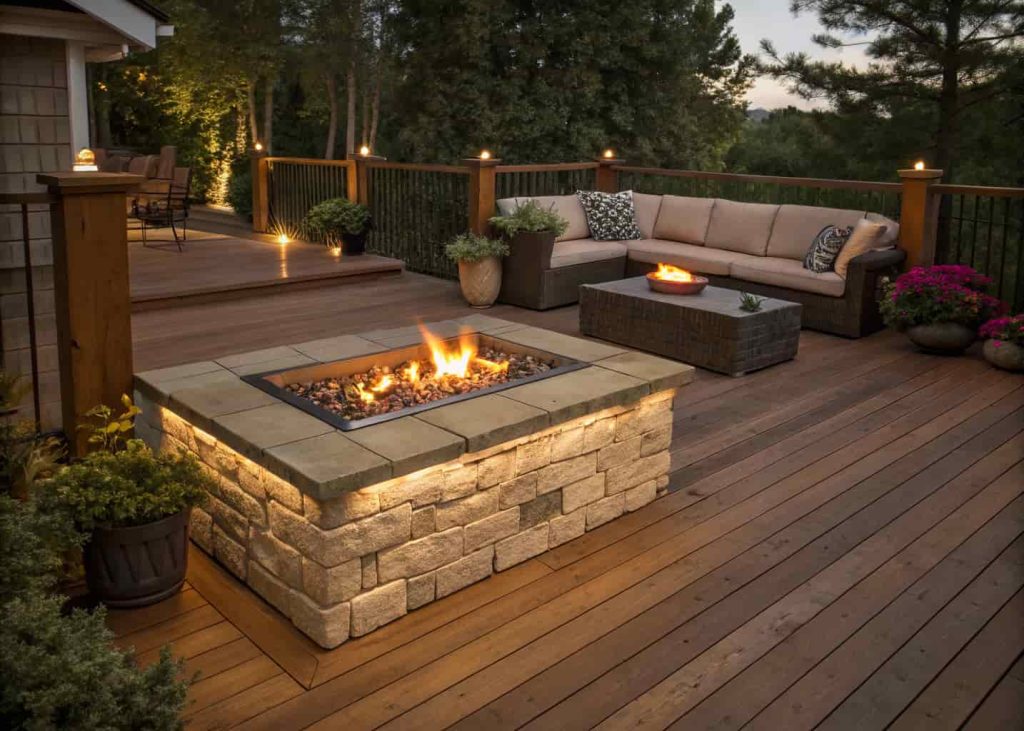 A built-in propane firepit insert on a raised wooden backyard deck with sectional seating.