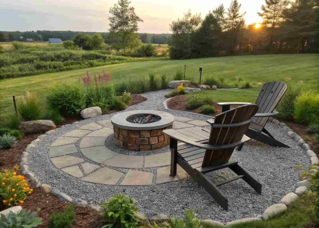 A DIY circular gravel firepit area with a metal firepit and Adirondack chairs in a small backyard.