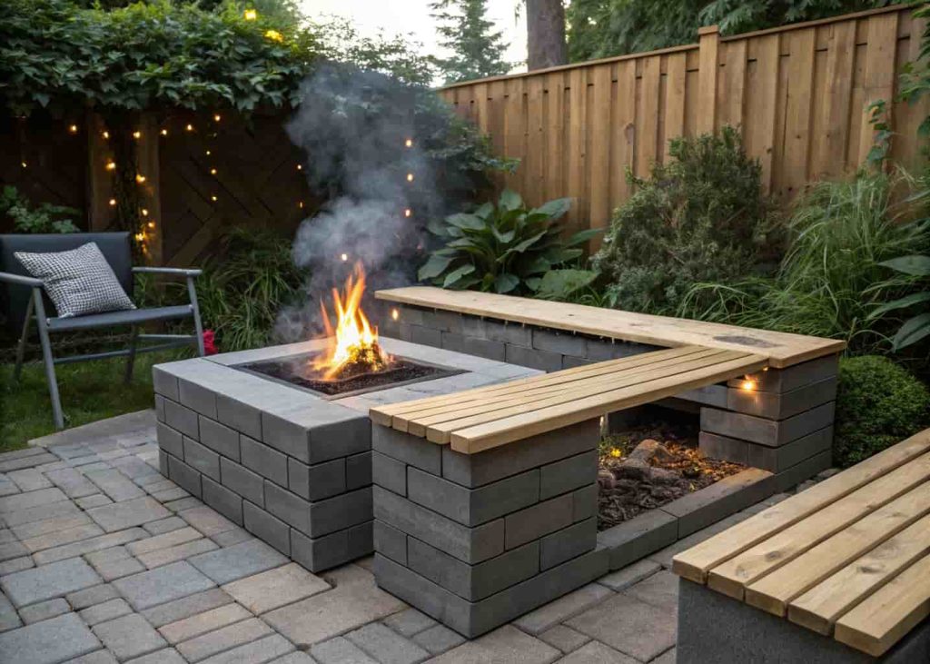 A painted cinder block square DIY firepit with wooden plank tops in a small backyard patio.