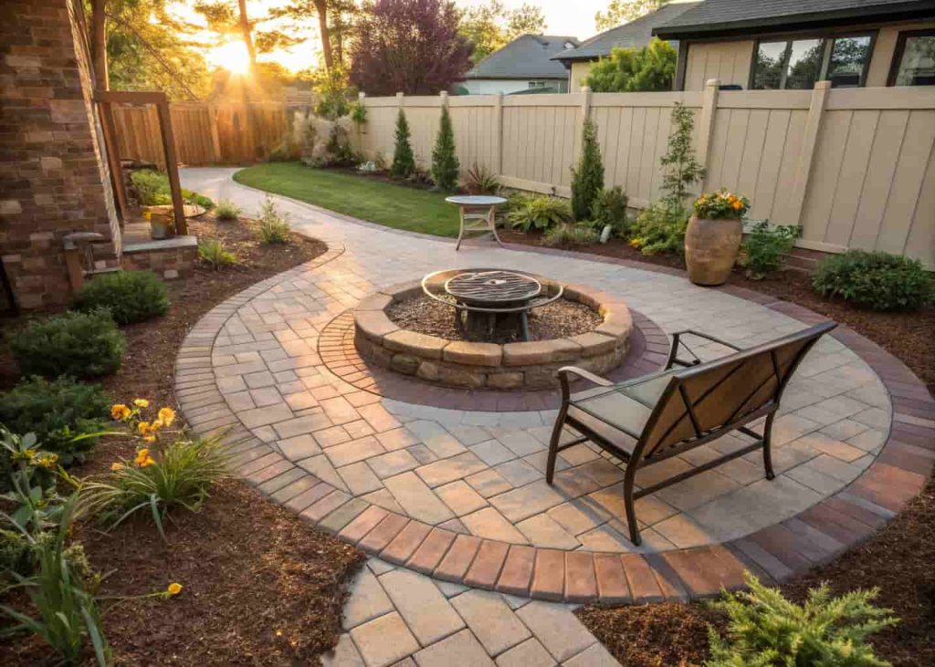 A circular brick paver pad with a centered firepit in a small tidy backyard garden.