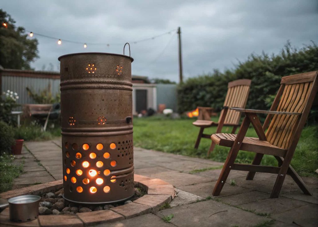A repurposed steel oil drum DIY firepit with ventilation holes and metal legs in a small backyard.