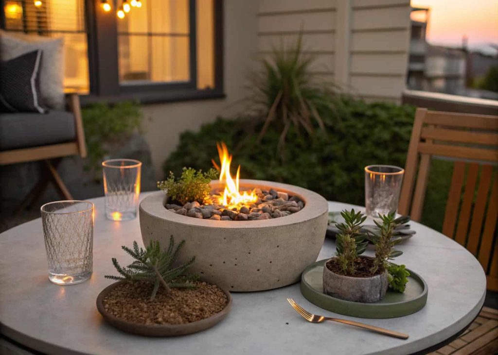 A DIY concrete tabletop propane firepit with a small flame on an outdoor patio table at night.