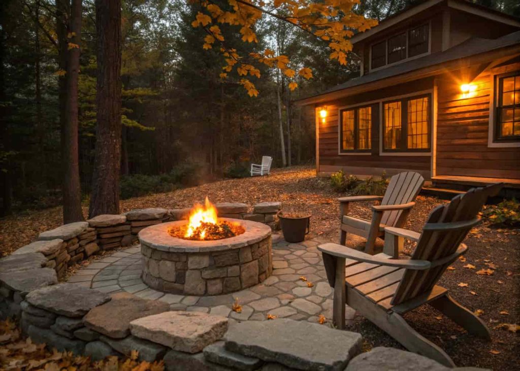Classic stone ring fire pit with a warm crackling fire surrounded by wooden chairs in a backyard setting