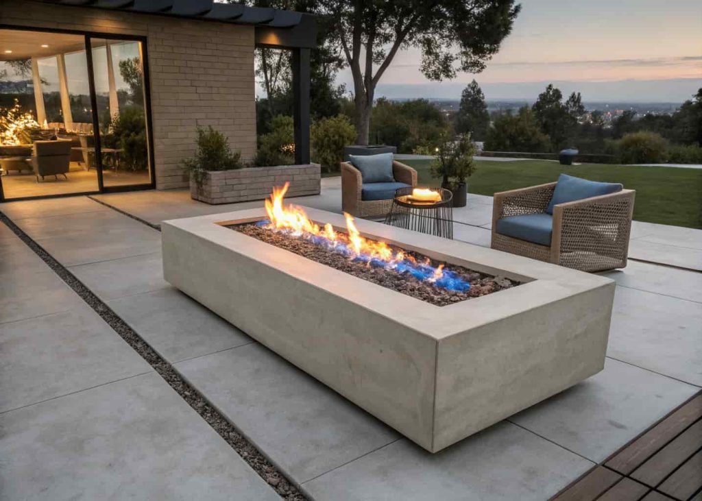 Sleek modern concrete gas fire pit with clean blue flame on a contemporary patio with minimalist outdoor furniture