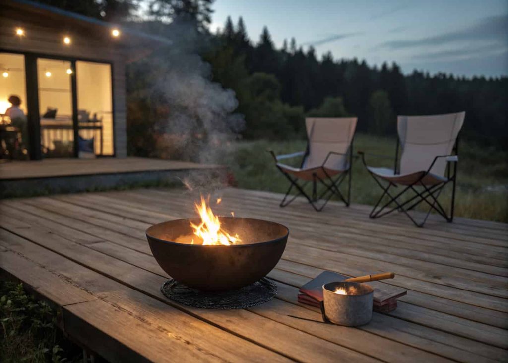 Portable steel bowl fire pit on a wooden deck with a small fire and two chairs in a casual outdoor setting
