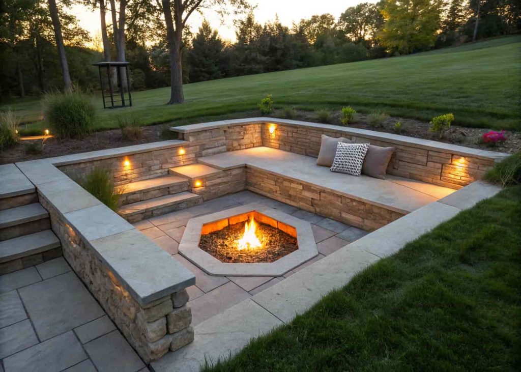 Sunken in-ground fire pit surrounded by built-in stone seating with a fire burning at ground level in a backyard garden