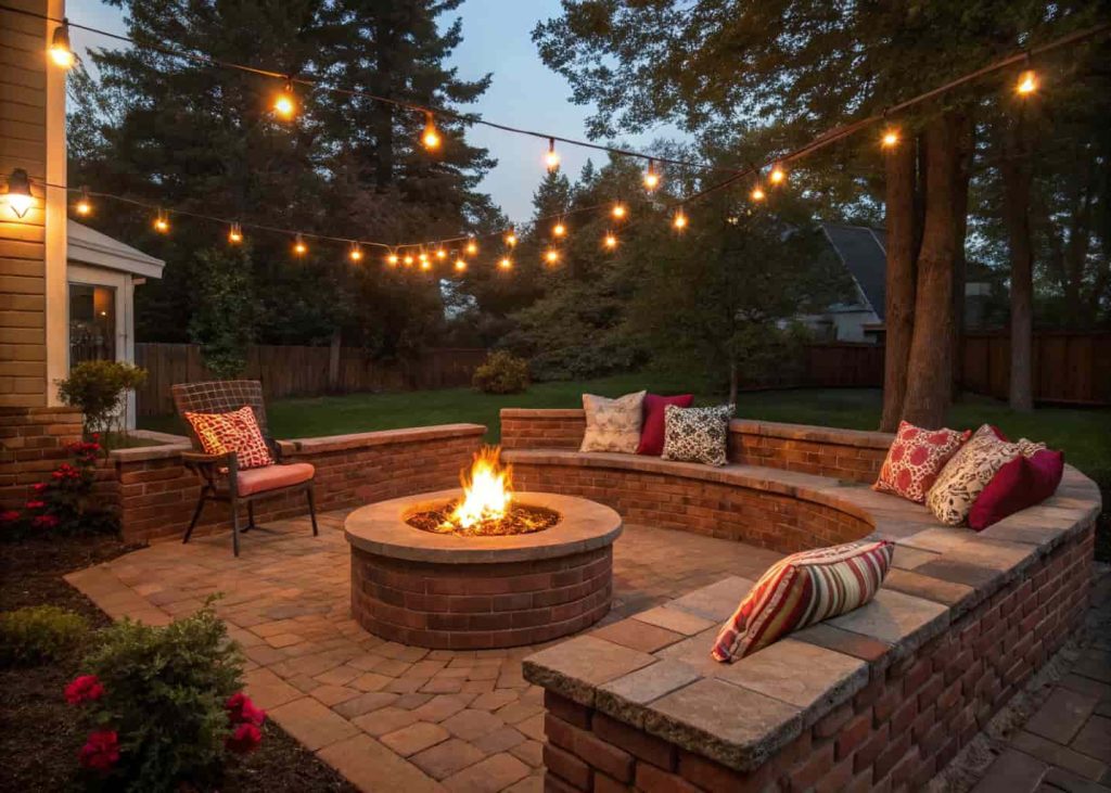 Brick fire pit with built-in bench seating and outdoor cushions under string lights in a cozy backyard setting