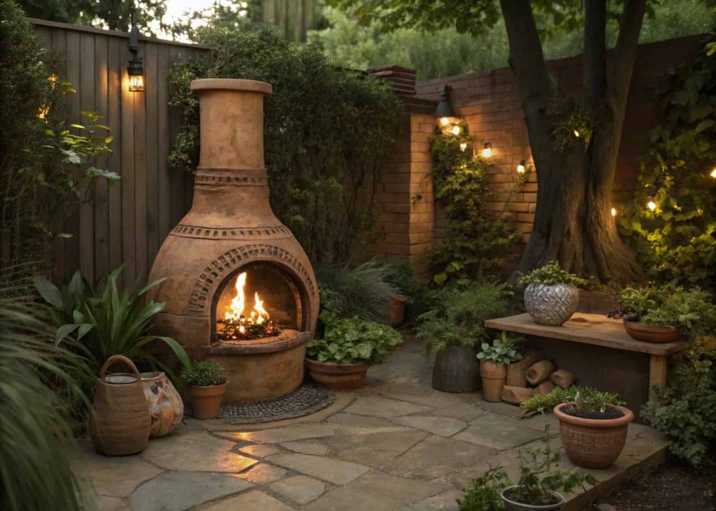 Clay chiminea fire pit glowing with warm fire in a small garden patio surrounded by plants and terracotta decor