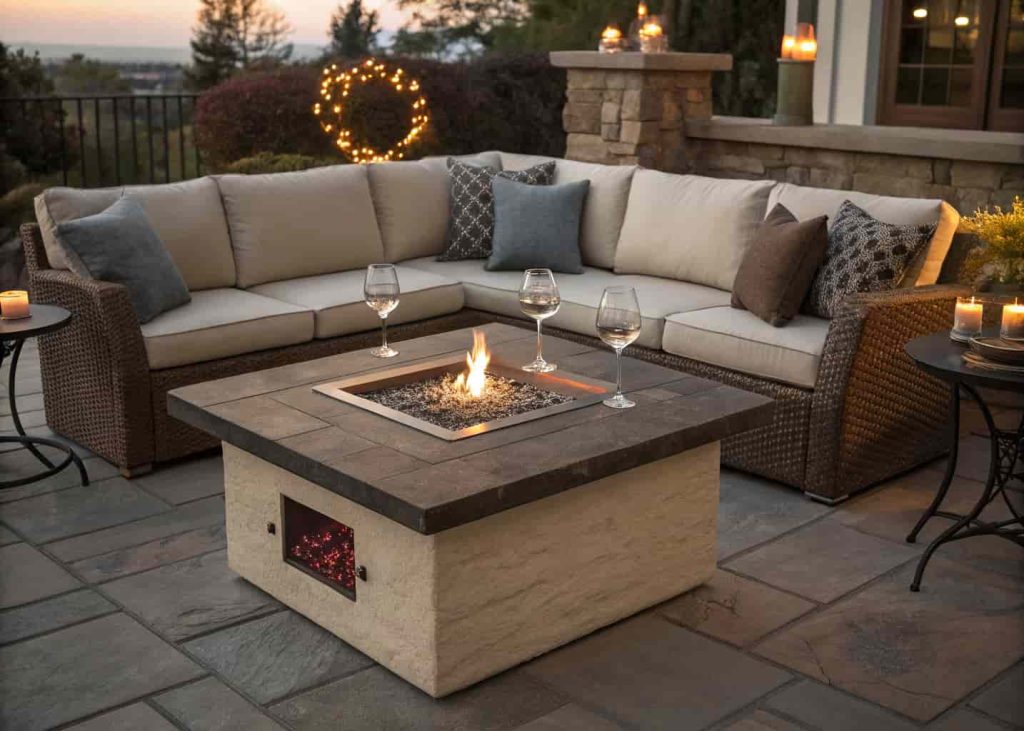 Outdoor fire pit coffee table with a gas flame surrounded by patio furniture and wine glasses on a cozy evening