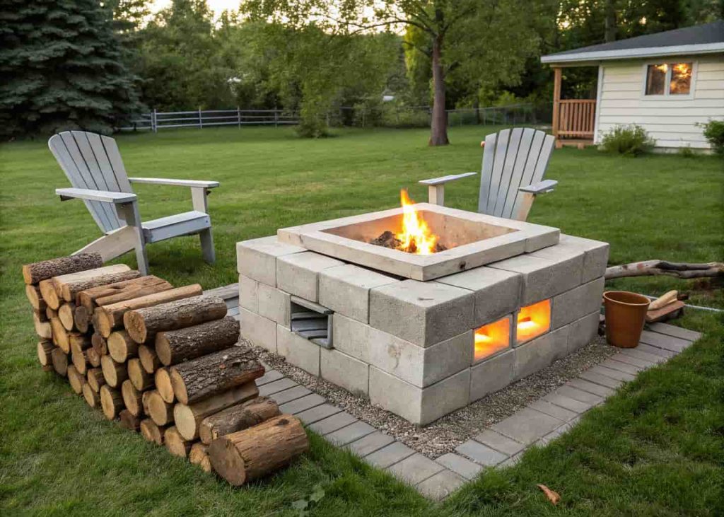 DIY stacked concrete block square fire pit with burning wood in a casual family backyard with lawn chairs