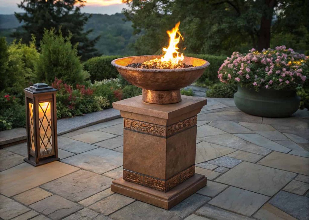 Elevated hammered copper fire bowl on a tall pedestal with dramatic flames on a stone patio at evening