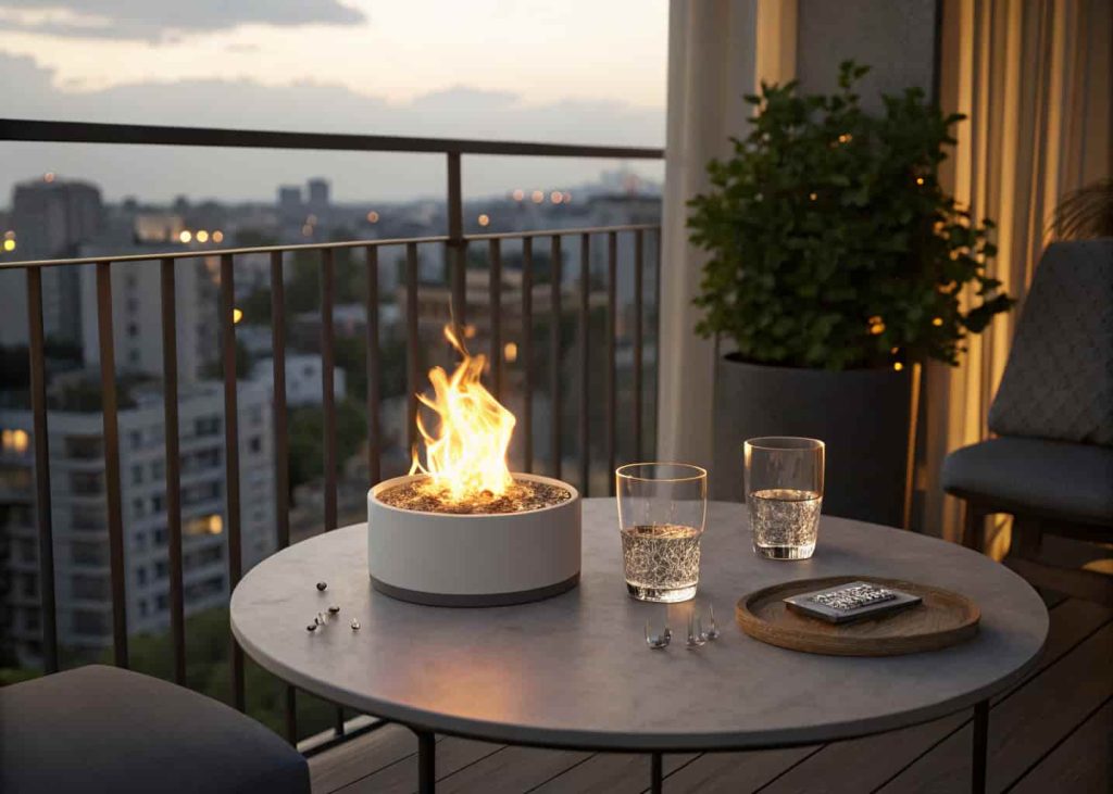 Small tabletop ethanol fire pit with a clean flame on an apartment balcony table with a city view at night