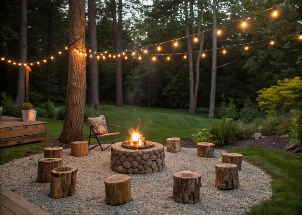 Rustic outdoor fire pit with log stump seating, gravel ground, and string lights in a forest-inspired backyard setting