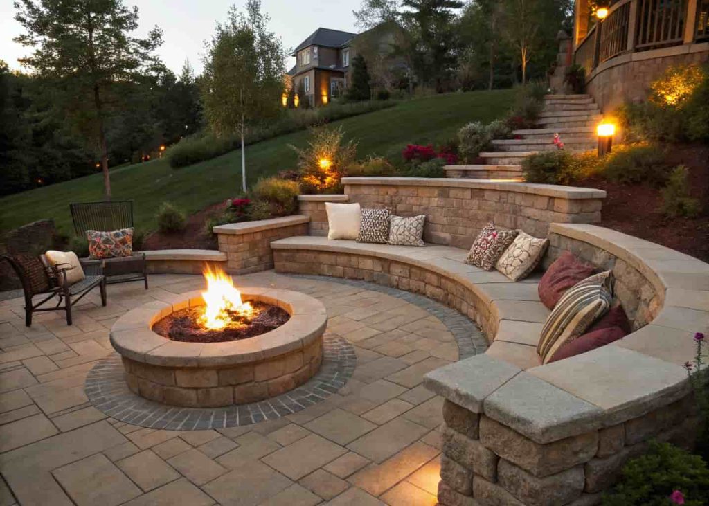 Fire pit surrounded by curved stone retaining wall seating on a terraced backyard with outdoor pillows and warm evening light