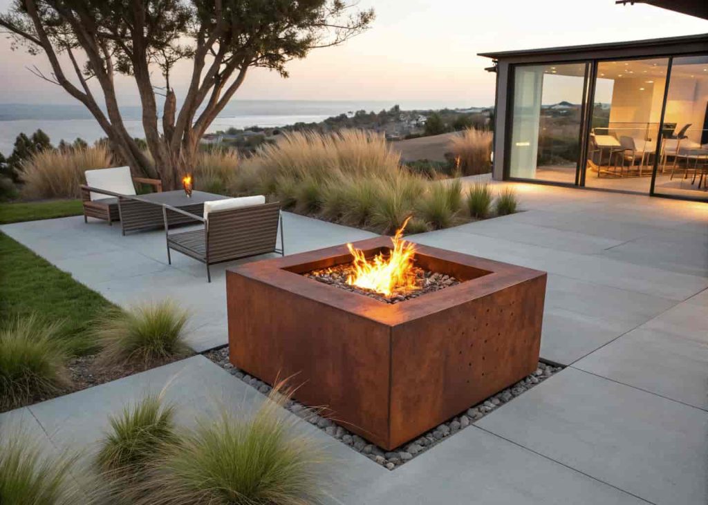 Corten steel square fire pit with a rusty orange patina on a modern concrete patio with ornamental grasses and contemporary furniture