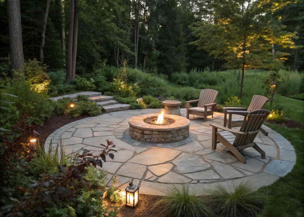 Circular flagstone patio with stone fire pit surrounded by outdoor chairs in a green backyard