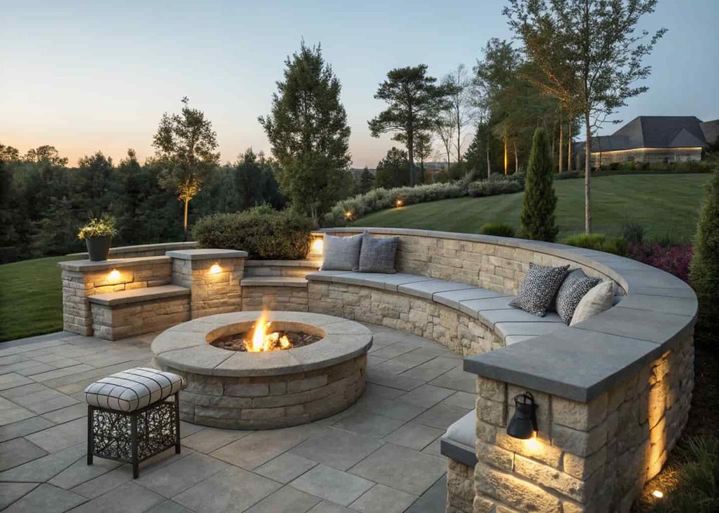 Low stone seating walls with cushions surrounding a backyard fire pit at dusk