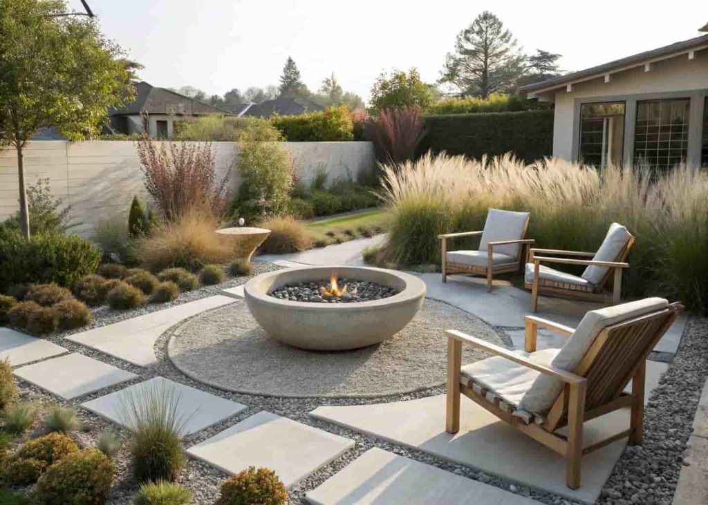 Pea gravel fire pit area with metal edging and minimalist chairs in a modern backyard