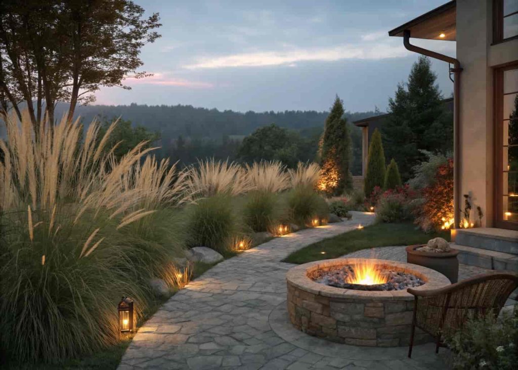 Fire pit area framed by tall ornamental grasses in a warm backyard evening setting