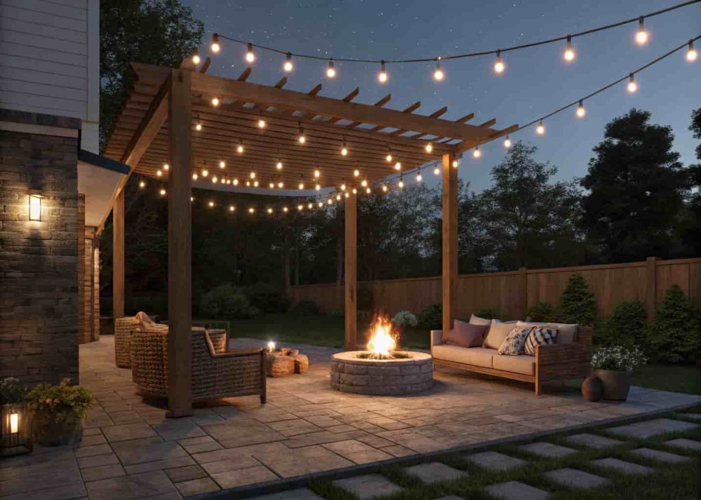 ire pit seating area with Edison string lights hanging overhead at night