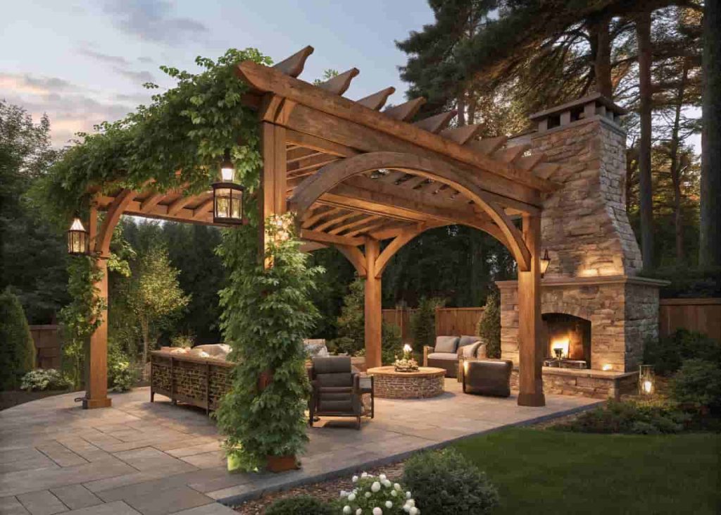Pergola with climbing plants over a fire pit seating area in a backyard garden