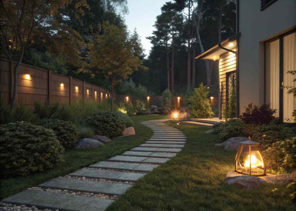 Lit garden path with low landscape lights leading toward a backyard fire pit at night
