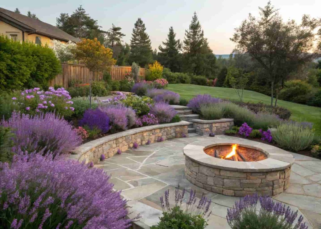 Lavender and herb border planted around a stone fire pit in a sunny garden