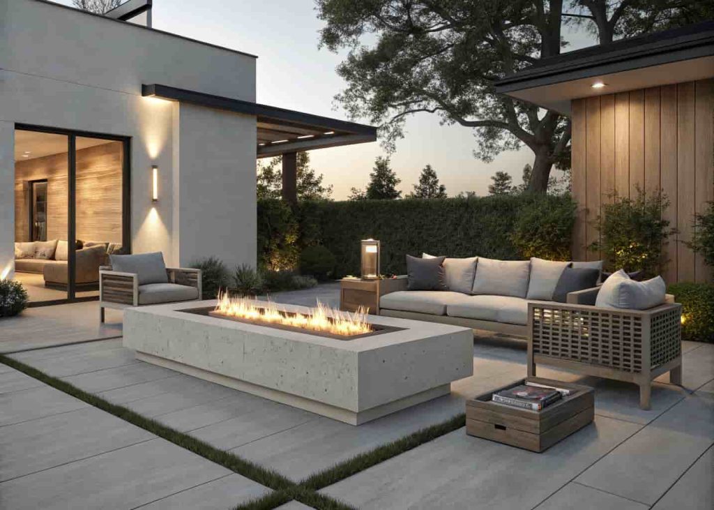 Elevated concrete fire table surrounded by outdoor sofa and chairs on a modern patio