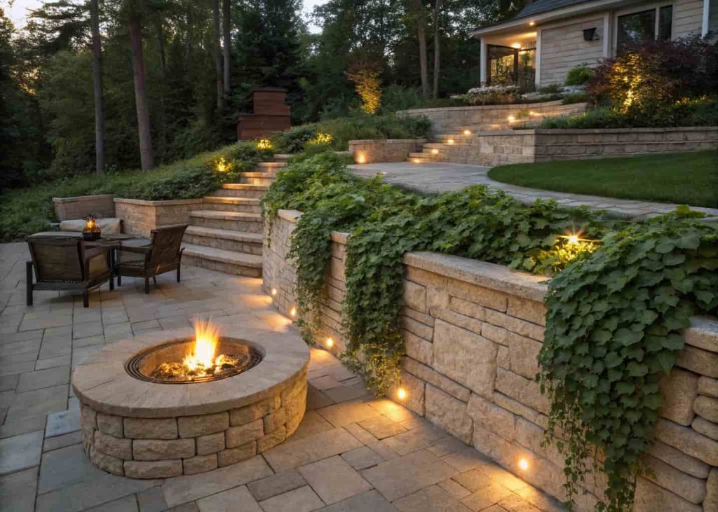 Stone retaining wall with integrated planters behind a fire pit outdoor seating area