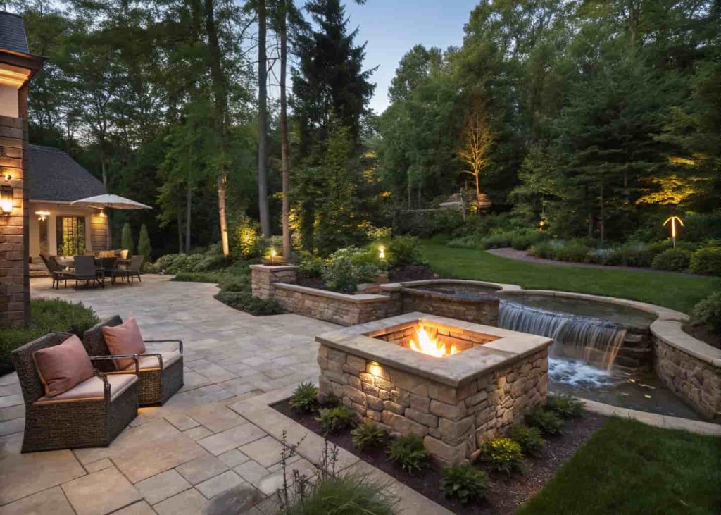 Fire pit and water fountain feature side by side in a lush backyard evening garden