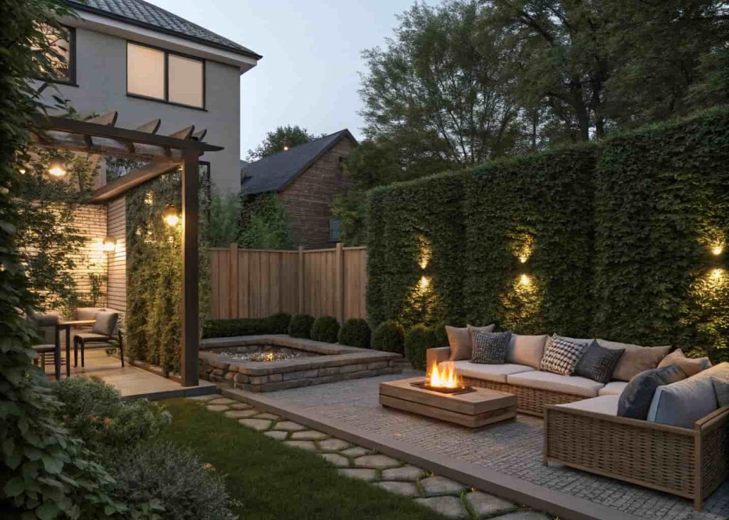 Fire pit outdoor seating area with green privacy hedge creating an intimate backyard space