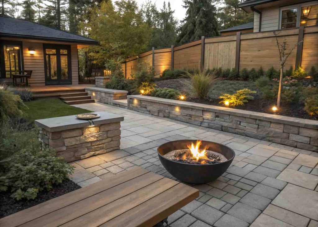 Fire pit patio with stone pavers, cedar bench, and black metal fire bowl combining materials beautifully