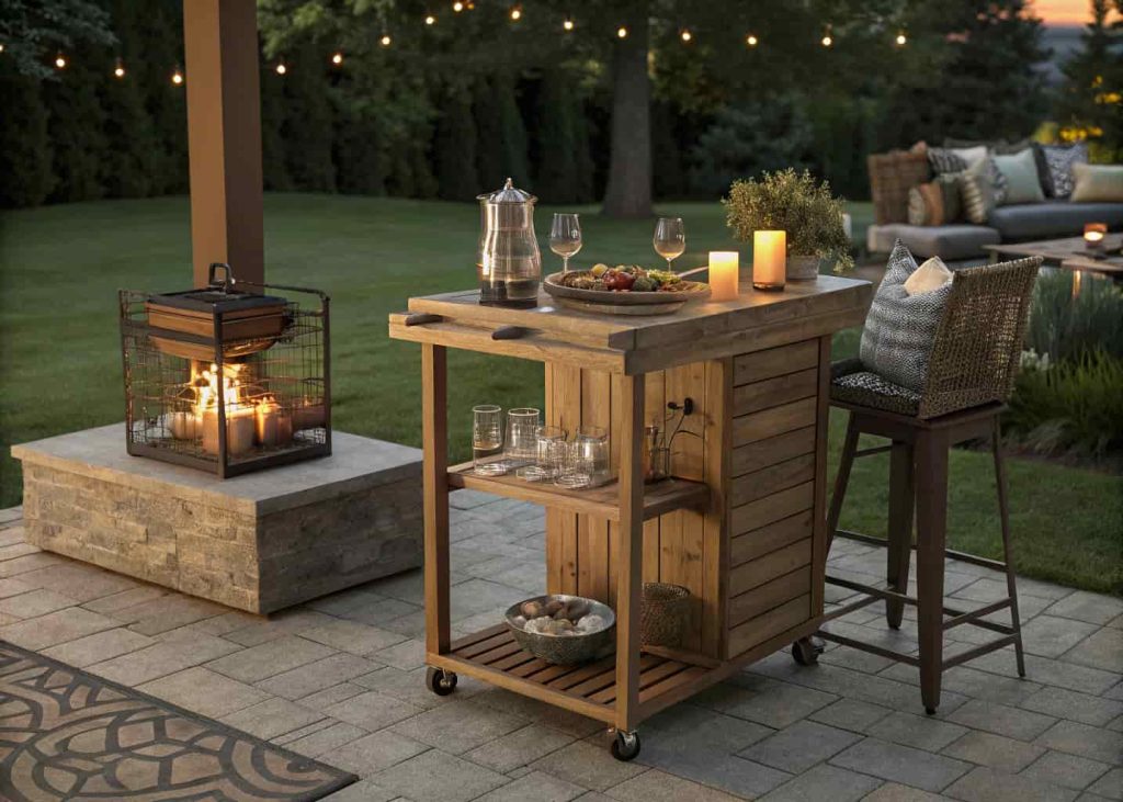 Wooden drink station beside a fire pit seating area in a backyard entertaining space