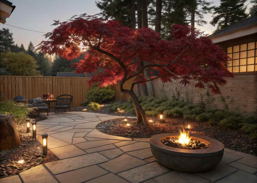 Japanese maple tree with red leaves beside an outdoor fire pit on a stone patio
