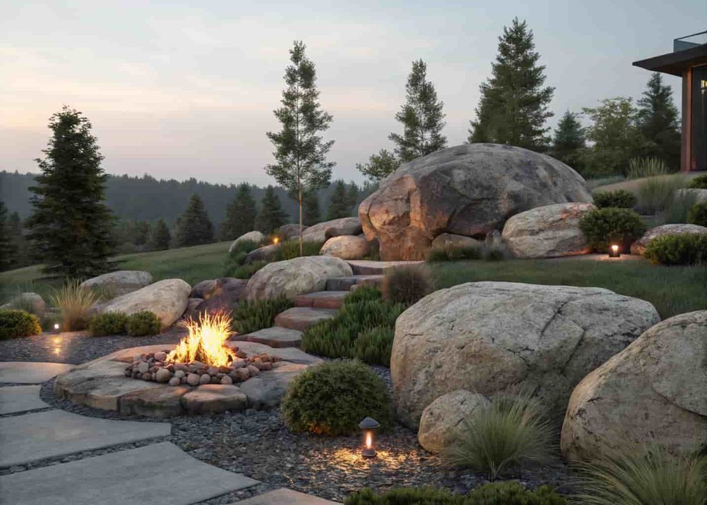 Natural landscape boulders with ornamental plants surrounding a backyard fire pit