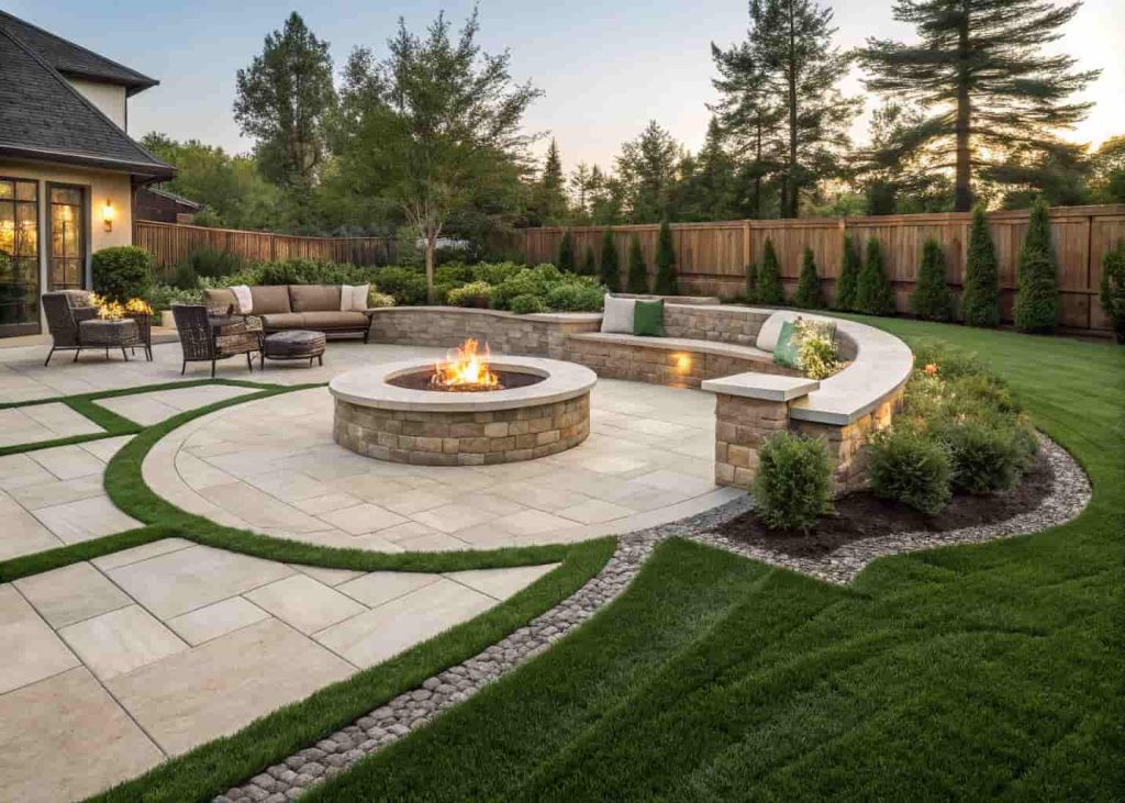 Clean sharp lawn edging around a stone fire pit patio in a well-maintained backyard