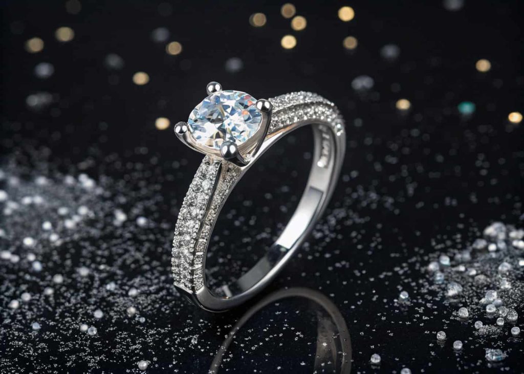 A sparkling diamond pavé band engagement ring with a round solitaire on white gold against a dark background