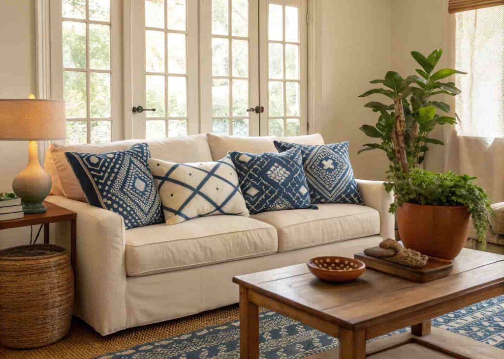 Cream sofa styled with multiple indigo and white Adire patterned throw pillows in a warm living room setting