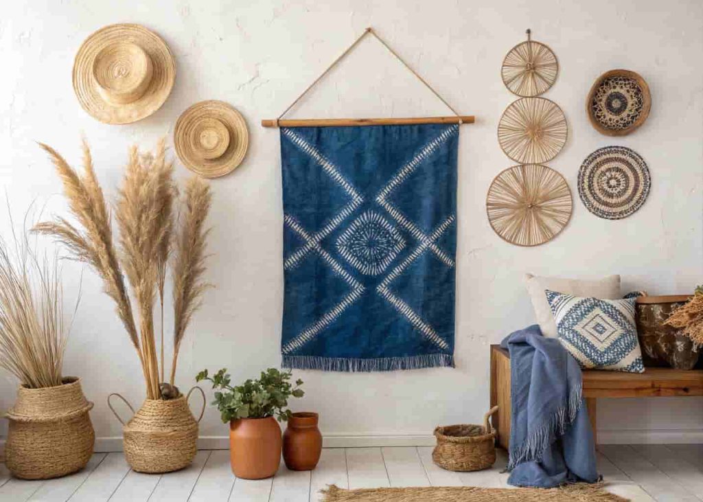 Large indigo Adire fabric wall hanging mounted on a wooden dowel against a white plaster wall with natural decor accents