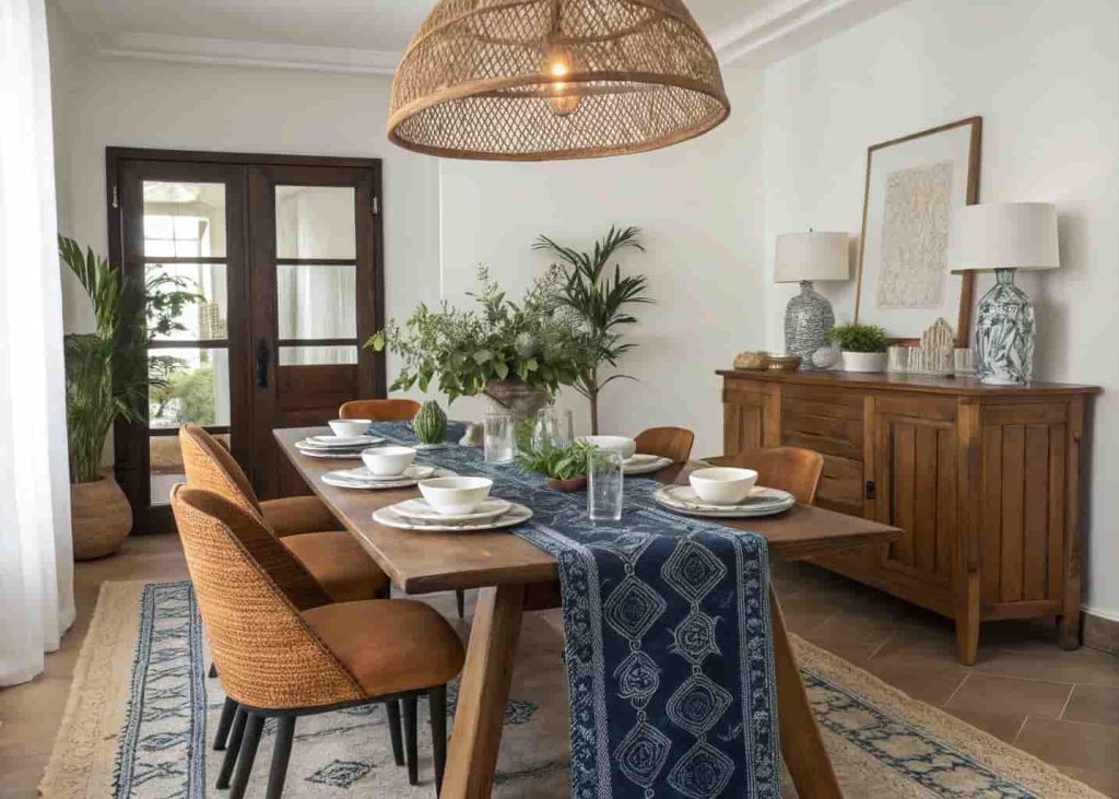 Afrobohemian dining room with wooden table set with indigo Adire table runner, white dinnerware, and rattan pendant light